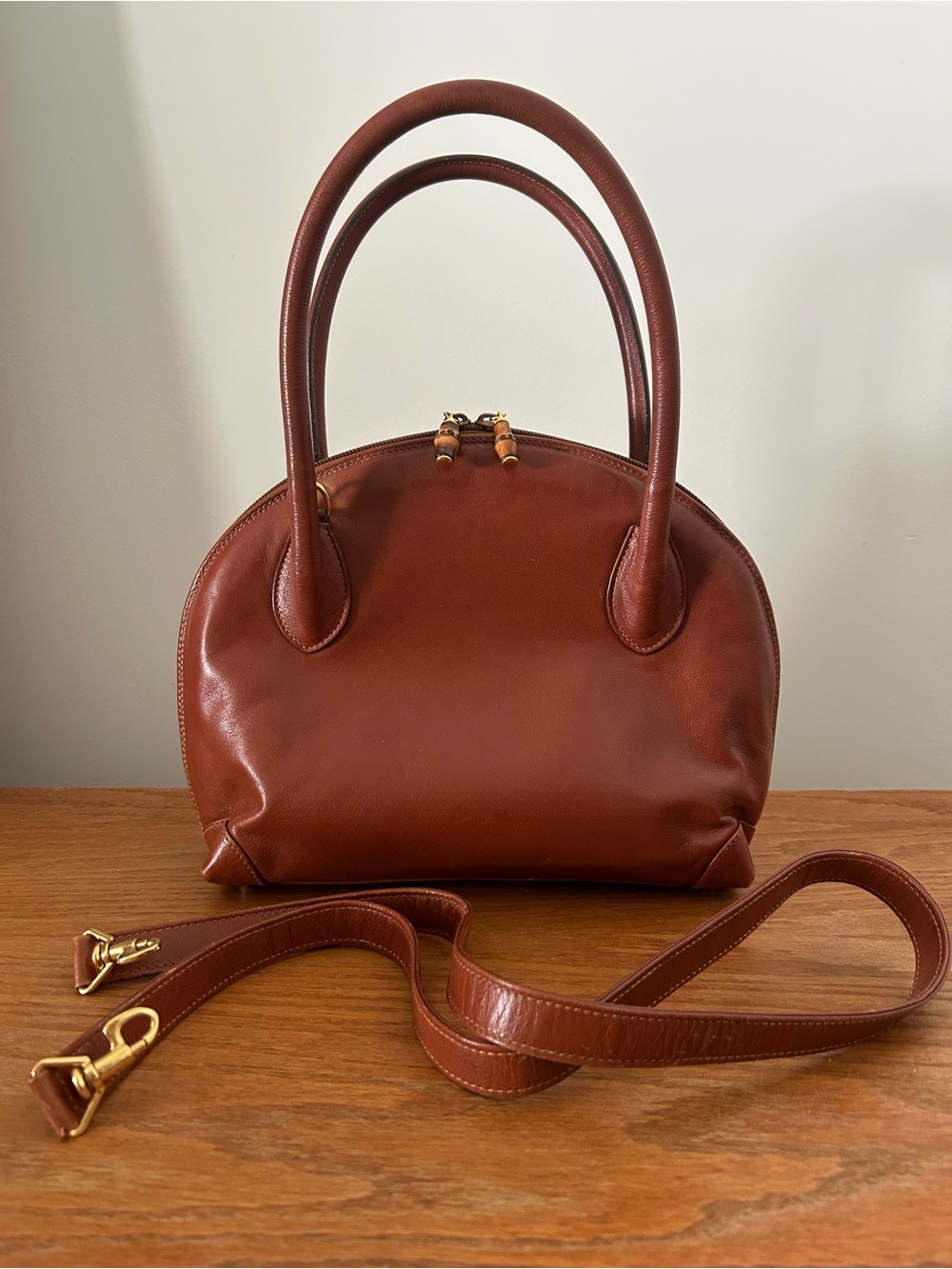 Authentic Vintage Gucci Bamboo Brown Leather Dome Handbag with Removable Strap